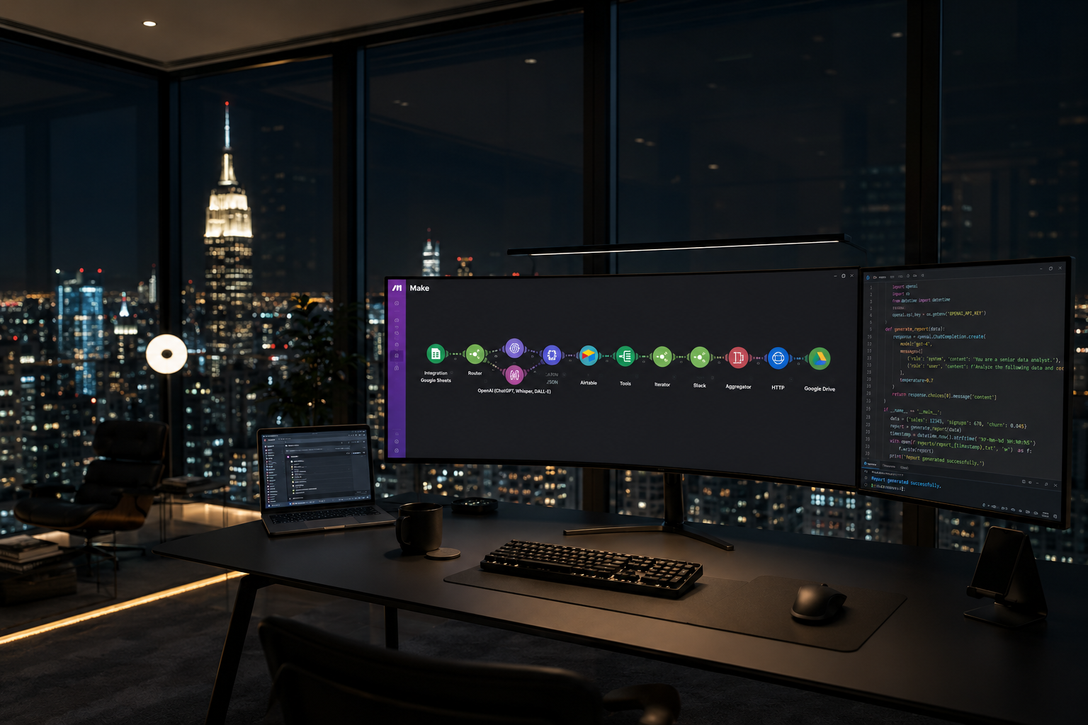 Modern skyscraper workspace with automation workflows