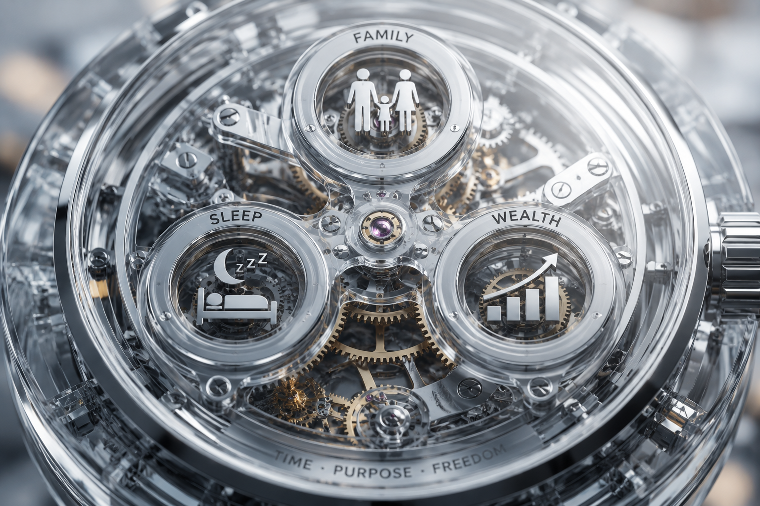 Futuristic mechanical glass clockwork for life systems