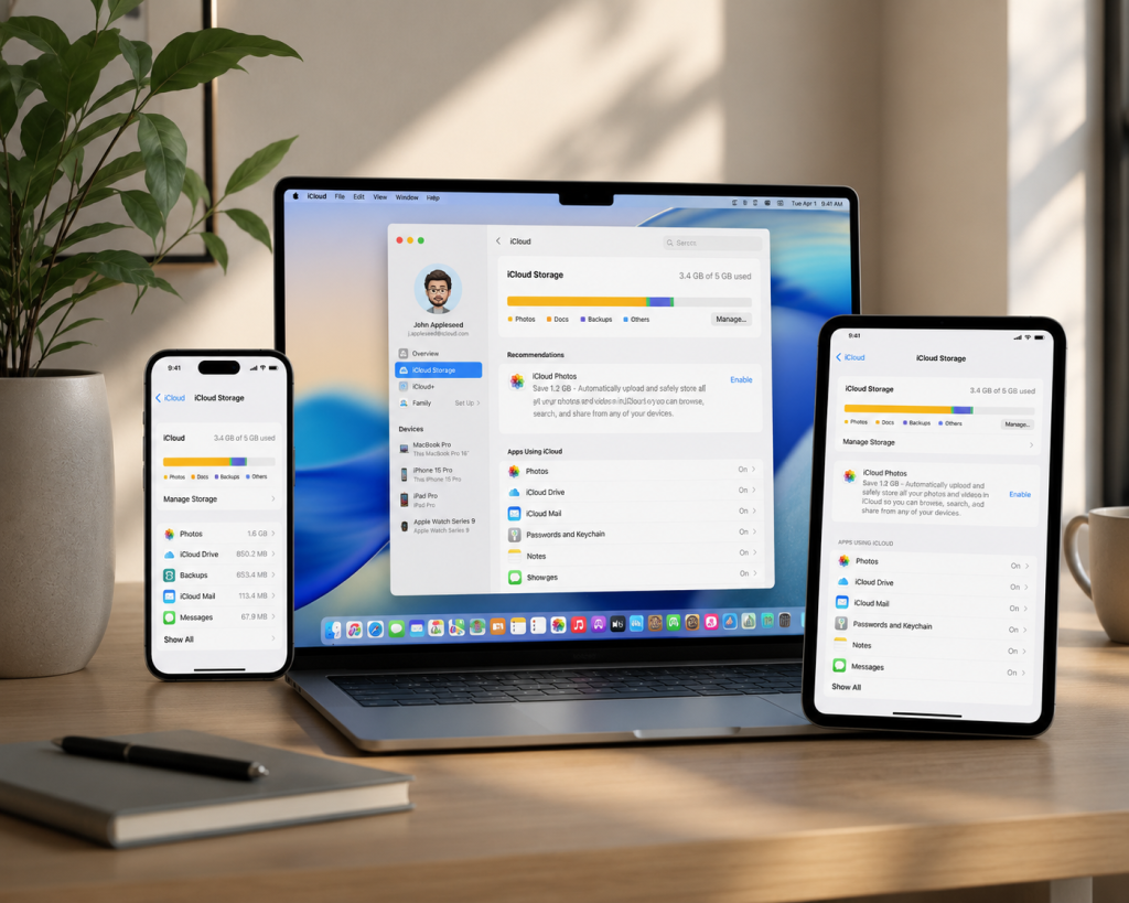 iCloud 저장 공간에서 사진·백업·앱 데이터 사용량을 확인하고 정리와 요금제 변경을 판단하는 대표 이미지