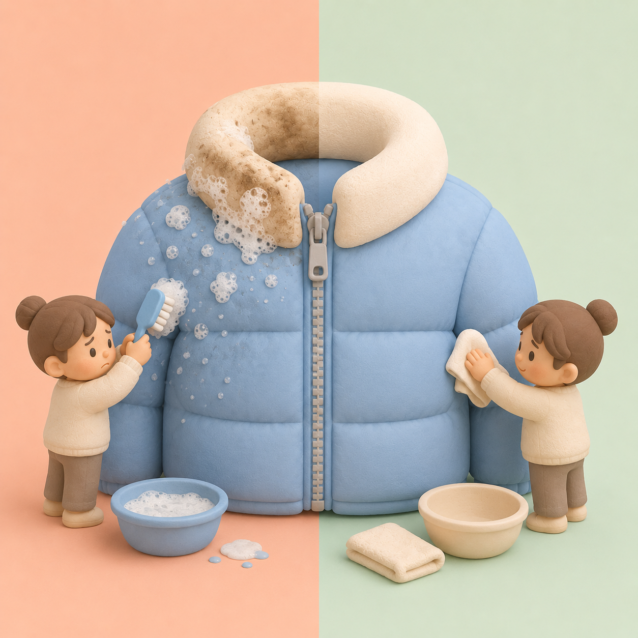 패딩 목깃 부분 얼룩을 세제와 천으로 닦아내는 과정