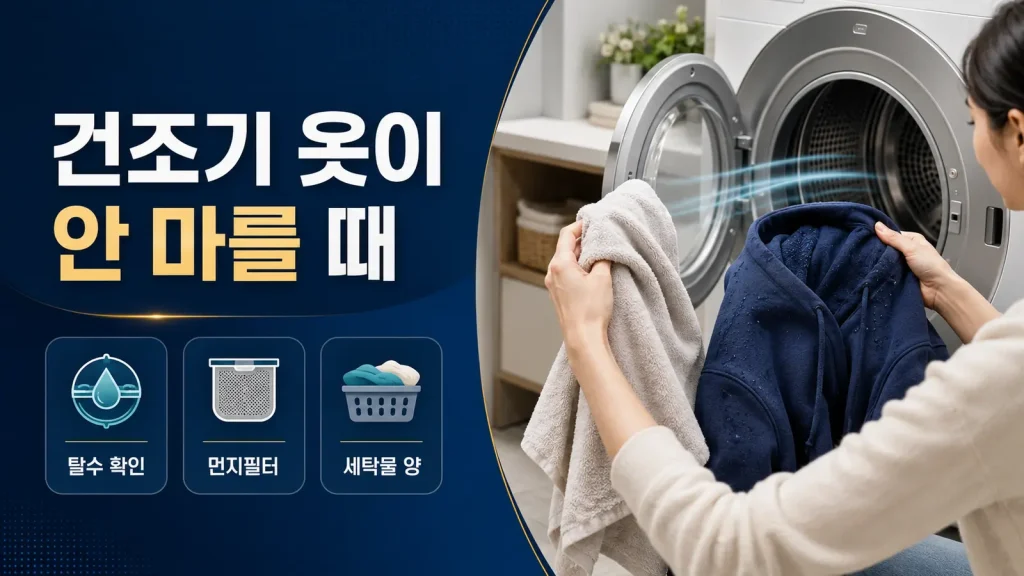 건조기를 돌려도 옷이 안 마를 때 탈수 상태, 먼지필터, 세탁물 양을 확인하는 순서를 보여주는 대표 이미지