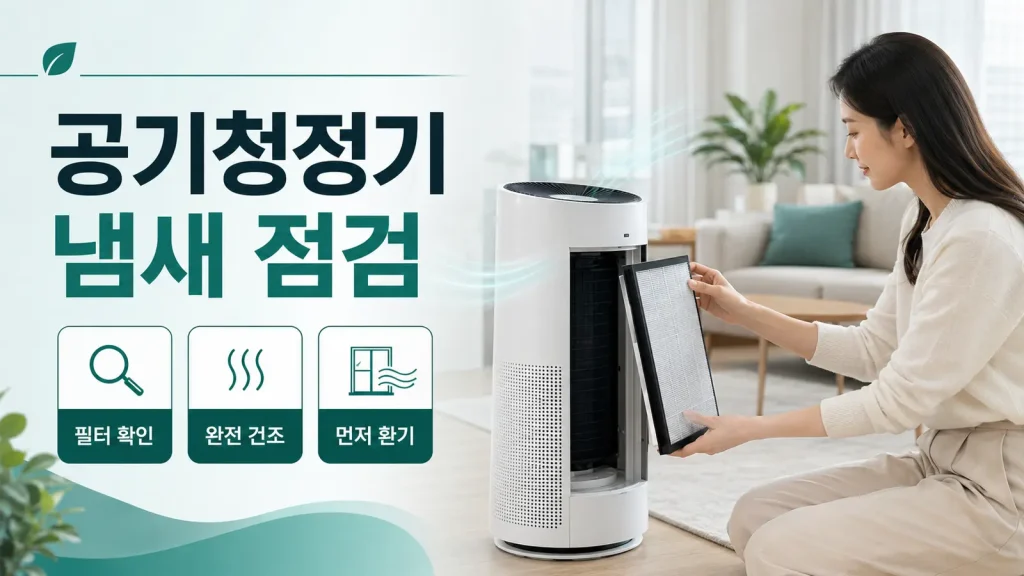 공기청정기에서 냄새가 날 때 필터 확인, 완전 건조, 먼저 환기하는 점검 순서를 보여주는 대표 이미지
