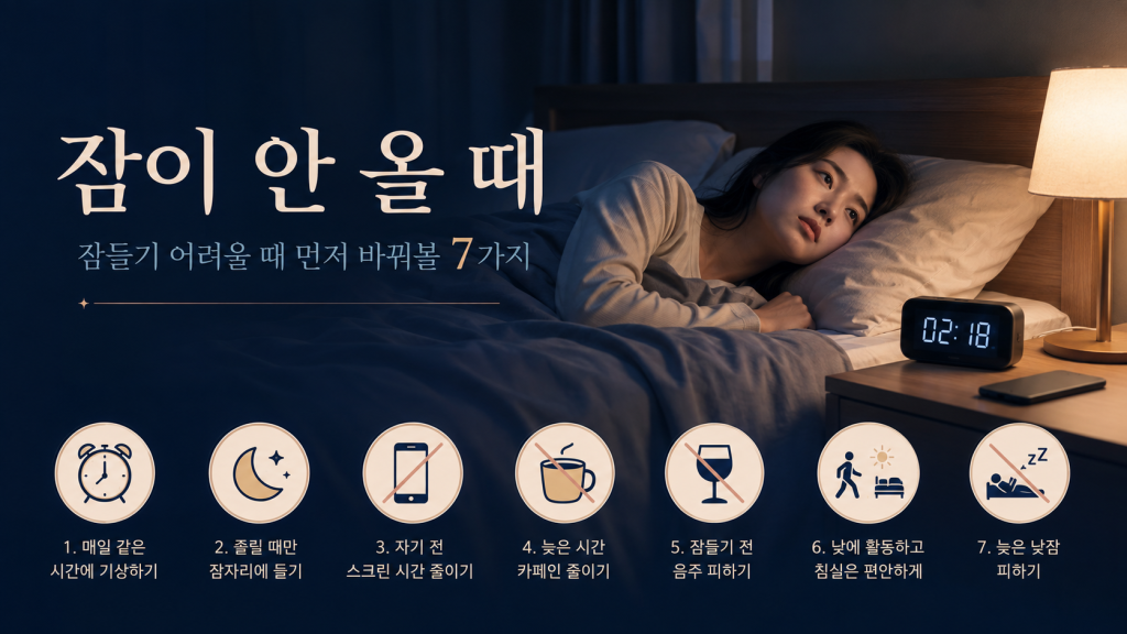 밤에 침대에서 잠들기 어려워하는 상황과 숙면을 위한 생활습관 7가지를 보여주는 이미지