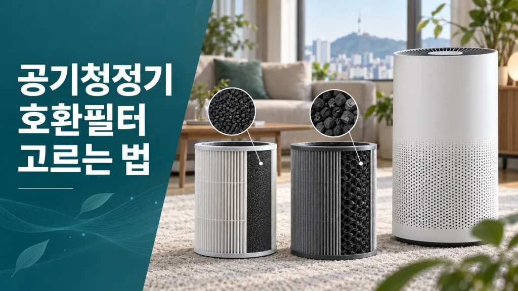 공기청정기 정품필터와 호환필터의 활성탄층과 성능·연간비용 확인 방법을 보여주는 비교 이미지