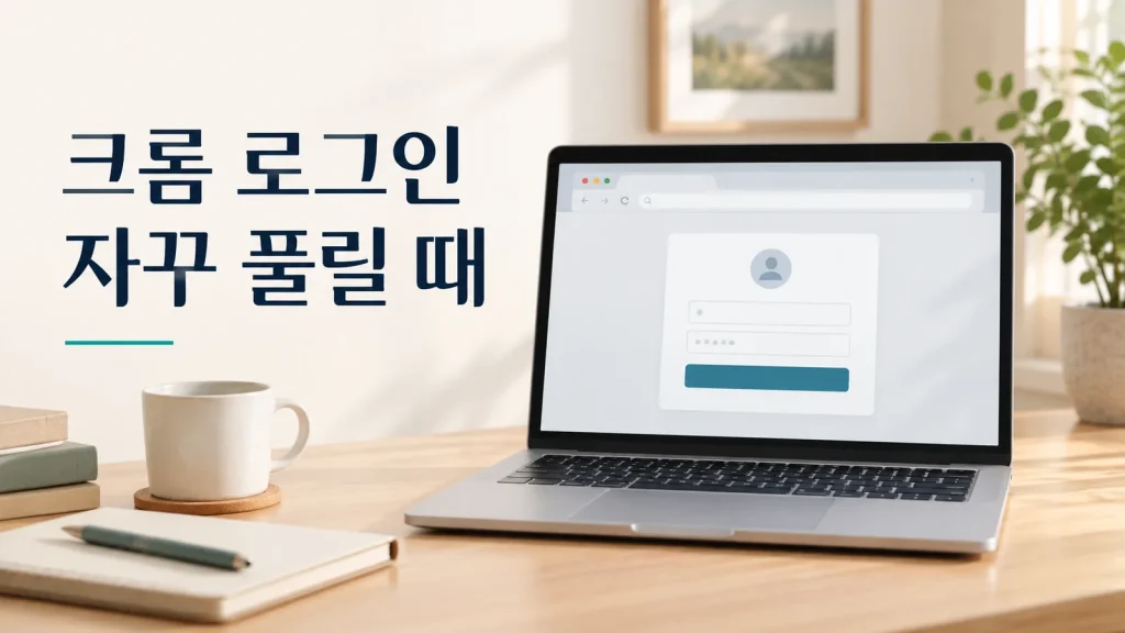 크롬을 다시 열 때 사이트 로그인이 풀리는 상황을 표현한 노트북 로그인 화면과 크롬 로그인 자꾸 풀릴 때 안내 문구