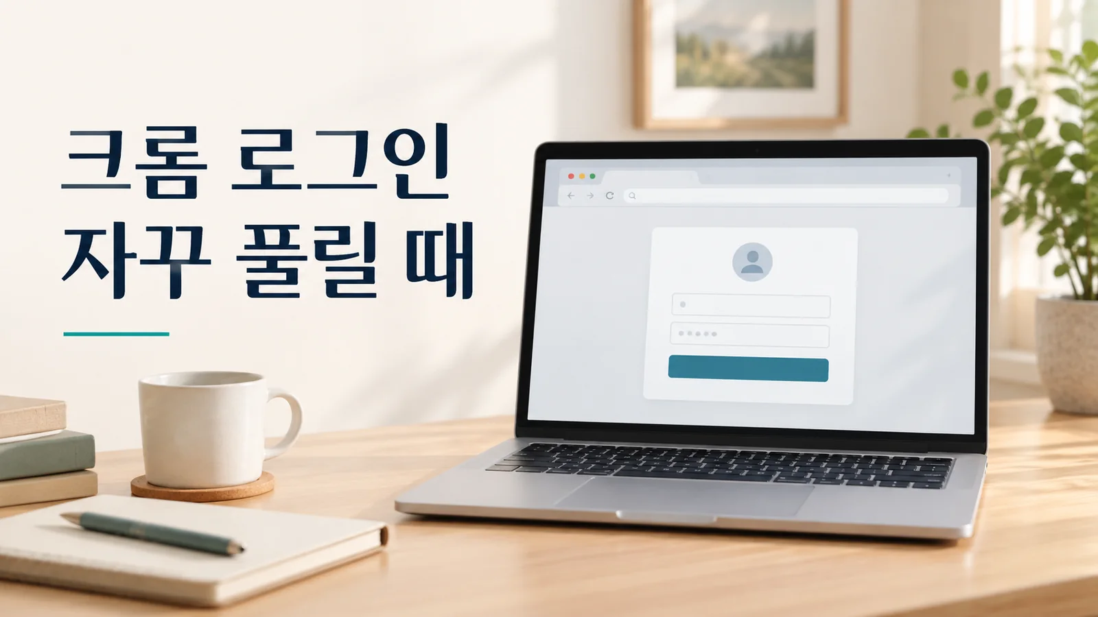 크롬을 다시 열 때 사이트 로그인이 풀리는 상황을 표현한 노트북 로그인 화면과 크롬 로그인 자꾸 풀릴 때 안내 문구