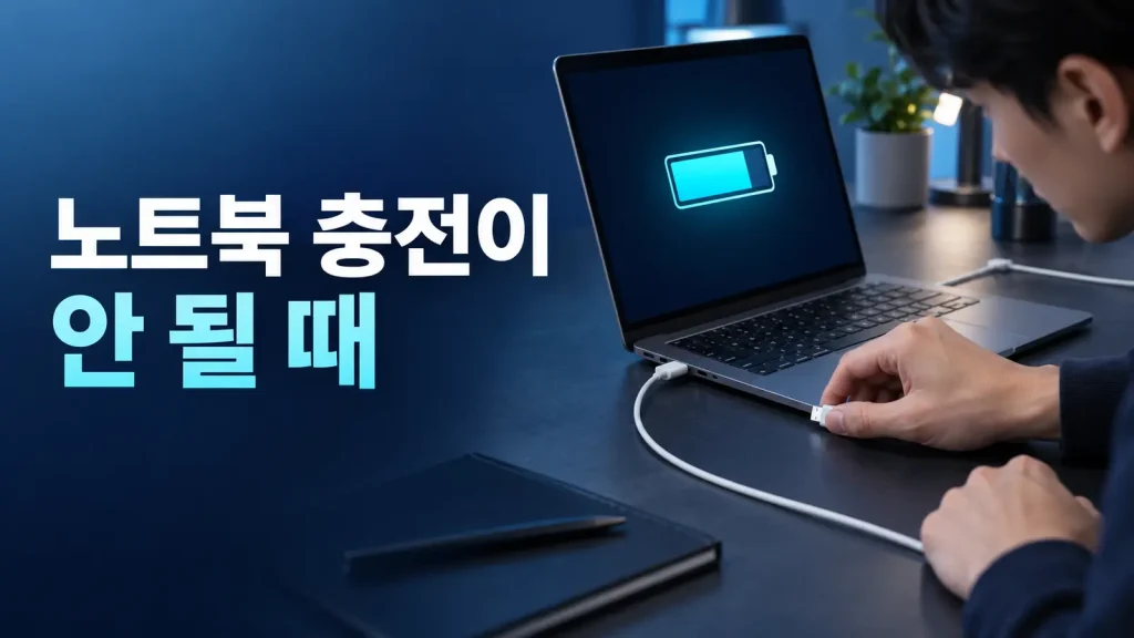 노트북 배터리가 연결됨인데 충전되지 않을 때 충전기와 USB-C 포트를 확인하는 장면
