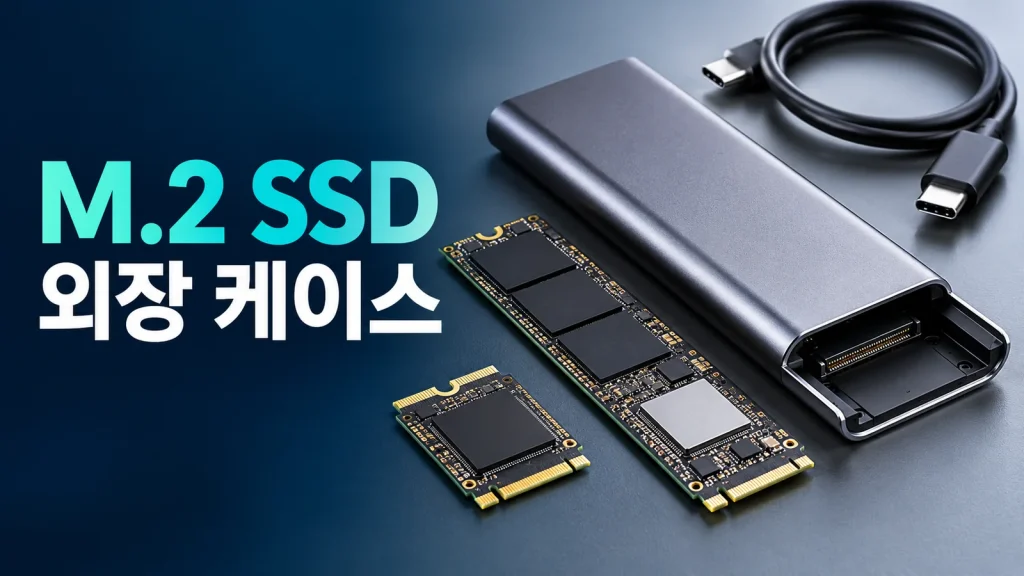 M.2 SSD 외장 케이스 옆에 크기가 다른 SSD와 USB-C 케이블을 놓아 호환 규격을 비교하는 대표 이미지