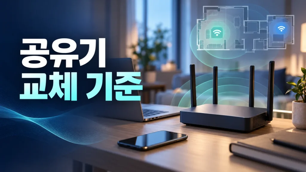 노트북과 스마트폰 옆 공유기 및 집 안 와이파이 범위를 보여 주는 공유기 교체 기준 안내 이미지