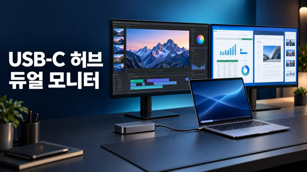 USB-C 허브로 노트북과 서로 다른 화면의 듀얼 모니터를 연결한 데스크 환경