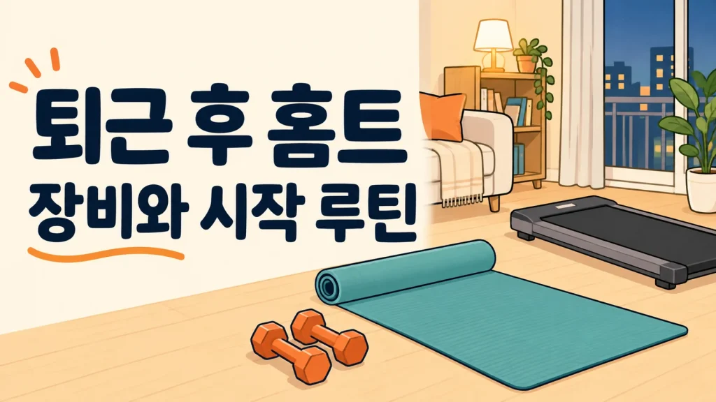 퇴근 후 홈트 장비와 시작 루틴 문구 옆에 운동 매트, 덤벨과 워킹패드를 그린 설명용 그림