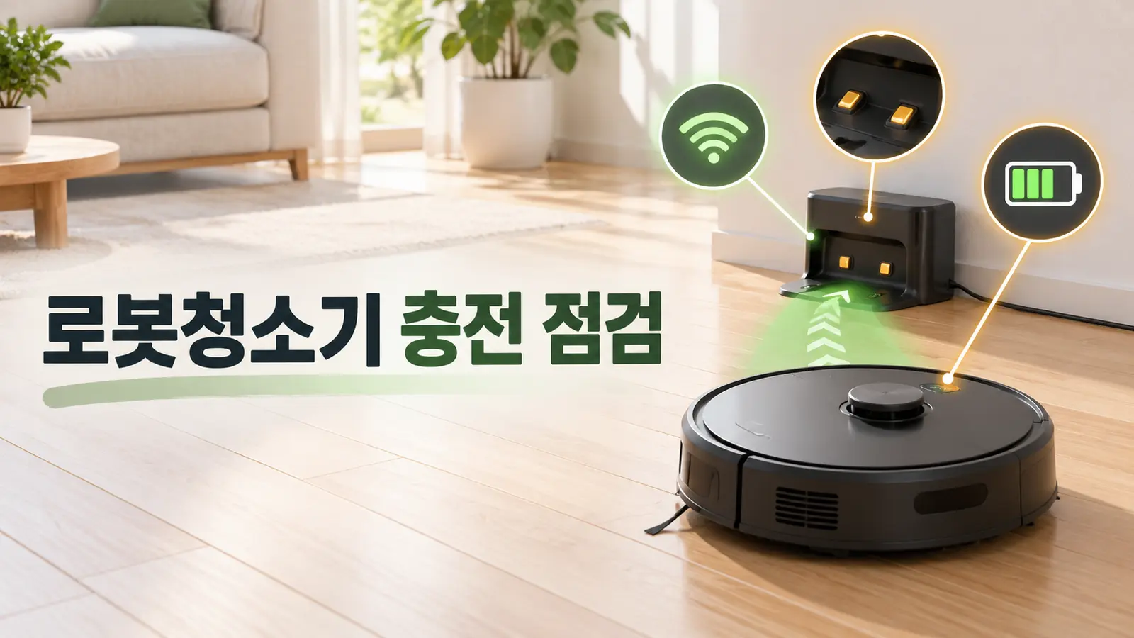 충전대로 복귀하는 로봇청소기와 도크 전원·충전 단자·배터리 점검 표시